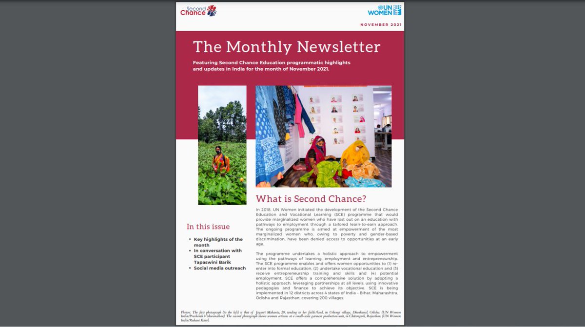 unwomenindia's tweet photo. 🗨️A conversation with #SCEprogramme participant Tapaswini Barik,🌱Marigold/Calendula farming, and other updates through November 2021.

🔔@UN_Women's Second Chance Education and Vocational Learning (SCE) Programme India newsletter is here!📜https://t.co/LmkhGirAus https://t.co/w7sVdDJBSp
