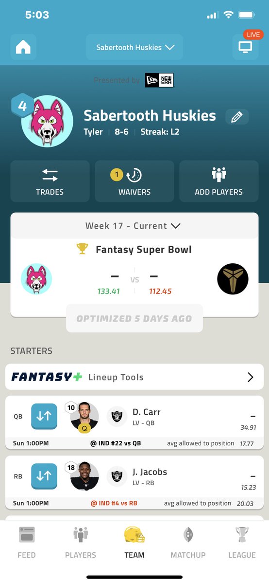 After a long, fun year of fantasy in a 14 person league we officially have our Super Bowl matchup for this week! The Sabertooth Huskies (8-6) against the Peruvian Pandas (9-5)! It’s a house match for the Title of the 2021 Warrior Cup!