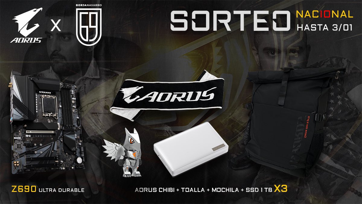 BorjaNavarroPro's tweet photo. 🧡SORTEO🧡
Sorteo de Navidad con 4 GANADORES…

1 Gigabyte Z690 UD
3 Packs con Disco Duro SSD 1TB + Mochila + Toalla + Figura Chibi.

Pasos a seguir👇
1⃣RT
2️⃣Sígue a @aorus_es y @BorjaNavarroPro
3️⃣Menciona a 2 amigos

🕓Finaliza el 3 de Enero 2022
🍀SUERTE A TODOS/AS🍀 https://t.co/2Uz5NicRFa