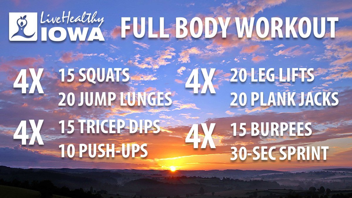 livehealthyiowa's tweet photo. Complete each set of exercises four times before moving on to the next.
#LiveHealthyIowa #keepmovingIowa #fullbodyworkout https://t.co/1vVyKUjAHW