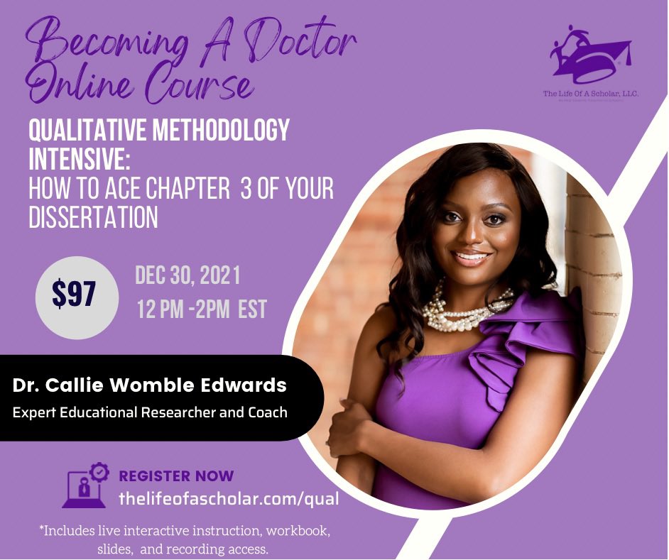 The_ScholarLife's tweet photo. Dr. Callie (@drcallie_tweets) is hosting a #Qualitative Methodology Intensive on Thurs, Dec 30.

Learn more &amp; register at https://t.co/bpmQGrH0RF

Registration includes live class, workbook, slides &amp; recording. 

#thelifeofascholar #qual #dissertation #phdlife #dissertationlife https://t.co/xkMua0yIKE