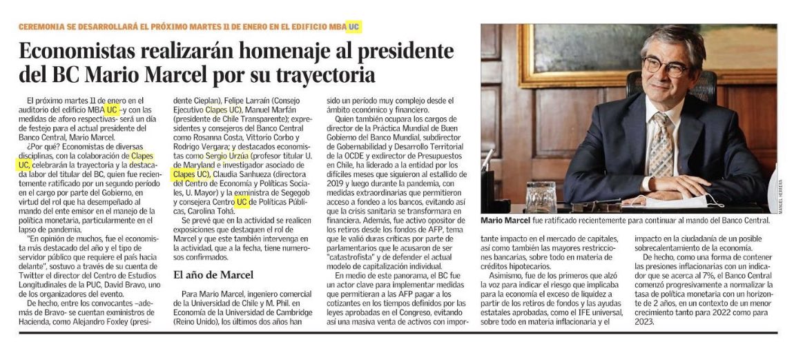 hdesolminihac's tweet photo. Economistas, con la colaboración de @ClapesUC, celebran a @mariomarcelc presidente @bcentralchile el martes 11 de enero 2022 a las 12:30 horas. Nota en @ElMercurio_cl  - Información en https://t.co/7YU3XuyFE7 https://t.co/snDXEnbP9a