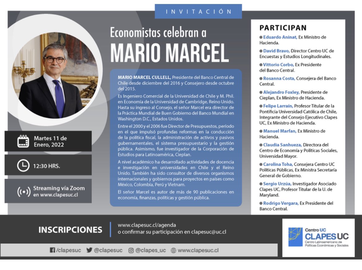 hdesolminihac's tweet photo. Economistas, con la colaboración de @ClapesUC, celebran a @mariomarcelc presidente @bcentralchile el martes 11 de enero 2022 a las 12:30 horas. Nota en @ElMercurio_cl  - Información en https://t.co/7YU3XuyFE7 https://t.co/snDXEnbP9a