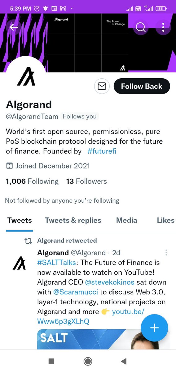 LossToLogic's tweet photo. Somebody has created a fake account of @algorand and following everybody. #AlgoFam  be careful. https://t.co/mG6Yx1Z76n