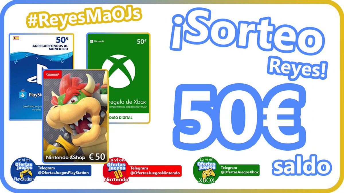 ¡Sorteo #ReyesMaOJs!

TRES CÓDIGOS DE 50€ DE SALDO para PS Store, eShop o Xbox 

✅Para participar:

🔹RT
🔹Twittea con #ReyesMaOJs 

🔹Sigue el canal de tu plataforma:
💙t.me/OfertasJuegosP…
❤️t.me/OfertasJuegosN…
💚t.me/OfertasJuegosX…