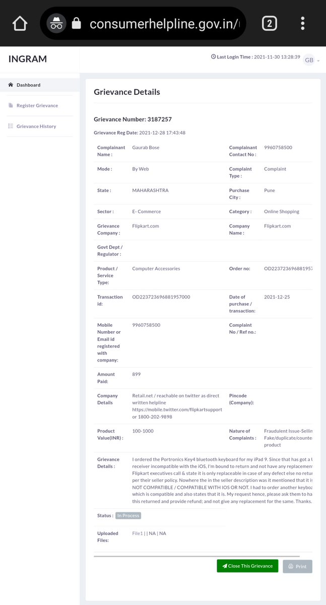 GaurabBoseNeel's tweet photo. @flipkartsupport Here's the consumer complaint lodged (attached screenshot). And please provide explanation of the text message received hence (attached screenshot of that too) from the seller. https://t.co/mPVEUxKDAp