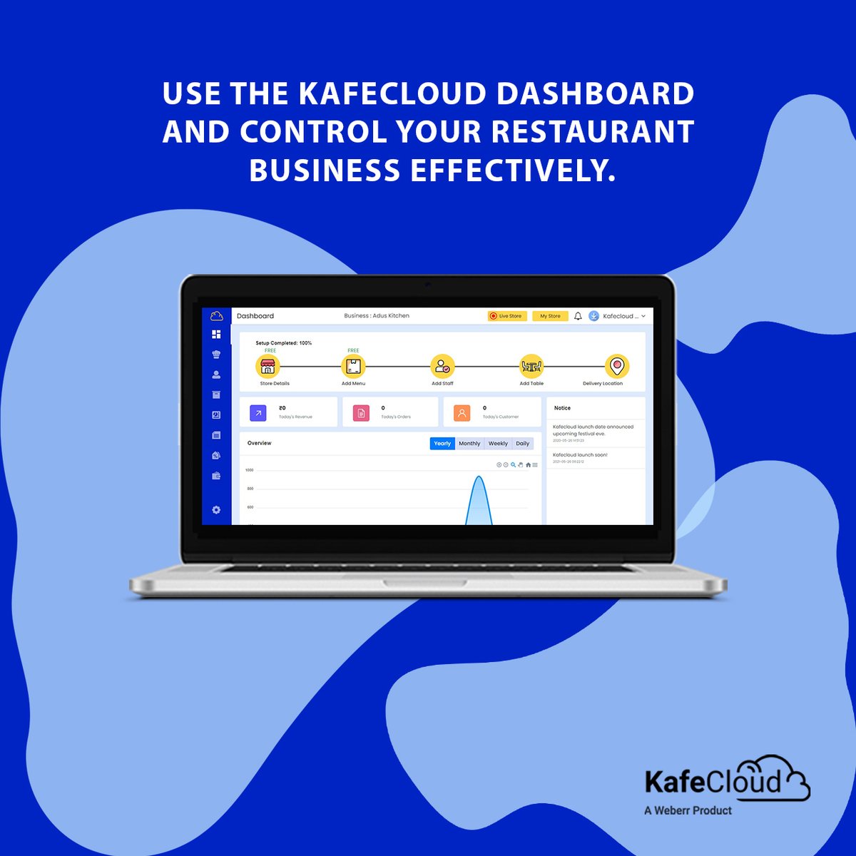 What is so special about our restaurant management software? KafeCloud offers you a dashboard. You can use this to manage your restaurant, staff, inventory level, food delivery, and many more things. Hence, get in touch with us and get #KafeCloud for your restaurant today.