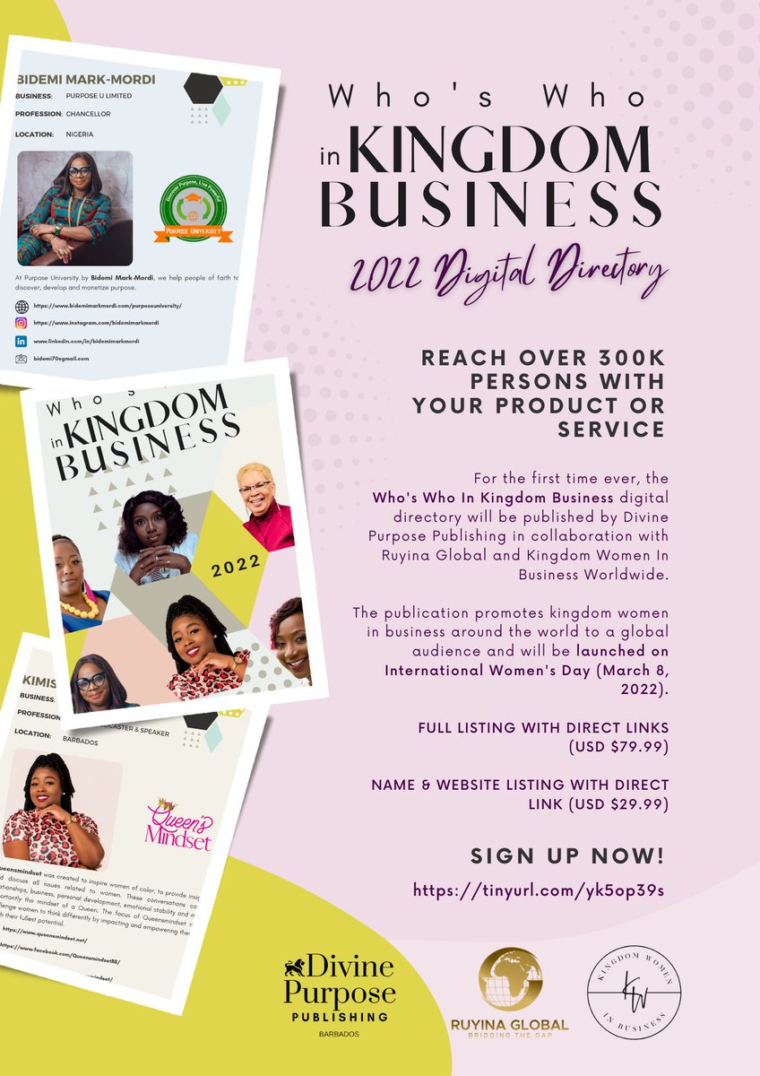 dpurposemag's tweet photo. Take your kingdom brand to the next level with the Who's Who In Kingdom Business 2022 Digital Directory https://t.co/YNJlUfDAJl https://t.co/87qdHgytB1