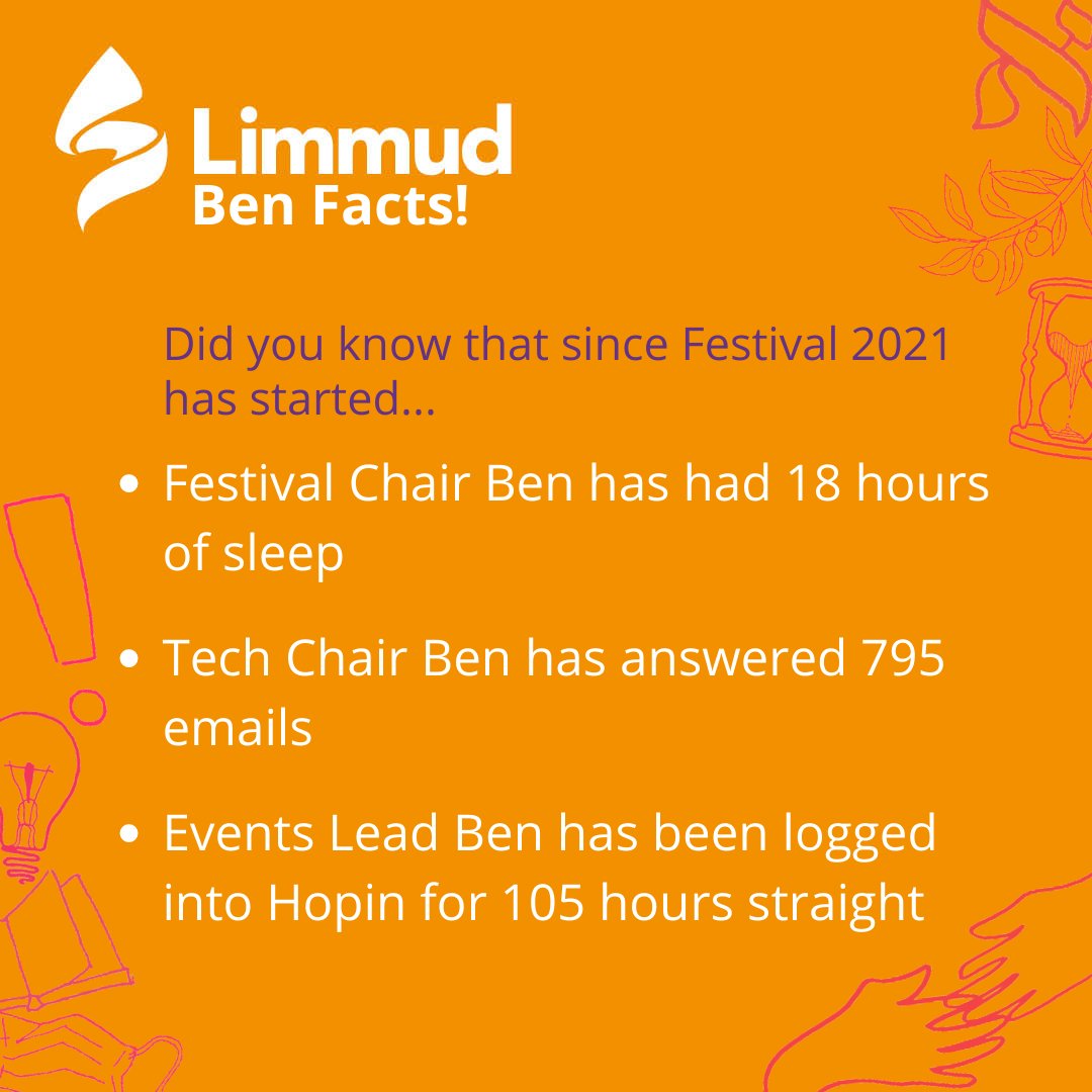 limmud's tweet image. On the final day of Limmud Festival 2021 make sure to thank the Team for their endless hours, emails, and care throughout the year!

As just a taste of what has been going on over Festival alone, here are some Ben Facts...

We hope you enjoy the rest of the day &amp;lt;3