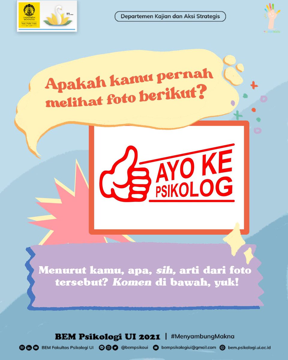 uisehatmental's tweet photo. [Pergi ke Psikolog, Yay or Nay?]

Siapa di sini yang kalau mendengar kata ‘psikolog’, langsung terbayang dengan konsultasi masalah yang berat?

#BefriendYourself
#UISehatMental https://t.co/20REwJeI3L