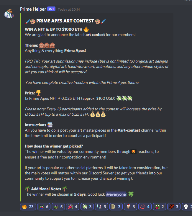 We're hosting another awesome #art #competition!

PRIZE:
1x Prime Apes NFT
0.025 ETH

Every 10 contestants that join the contest will increase the prize by 0.025 ETH!

To participate you must be following us and be part of our Discord Community!

#NFT #Giveaways #NFTcommunity