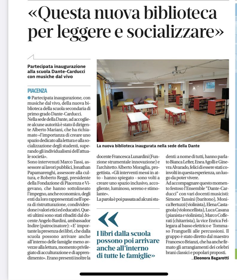 Su <a href="/Liberta_it/">Libertà.it</a> si parla di questa nuova bella figlia ! Scuola Dante #bibliotechescolasticheinnovative #piacenza #spaziflessibili <a href="/DRMarinaMaffei/">Marina Maffei</a> <a href="/Mingus2011B/">Angelo Bardini</a> <a href="/CPianello/">I.C. Pianello V.T.</a> <a href="/vittovolte/">vittoria volterrani</a> <a href="/PiacenzaSera/">Piacenza Sera</a> <a href="/fahrenheit451pc/">Libreria Fahrenheit 451 Piacenza</a> @Piacenza_Online