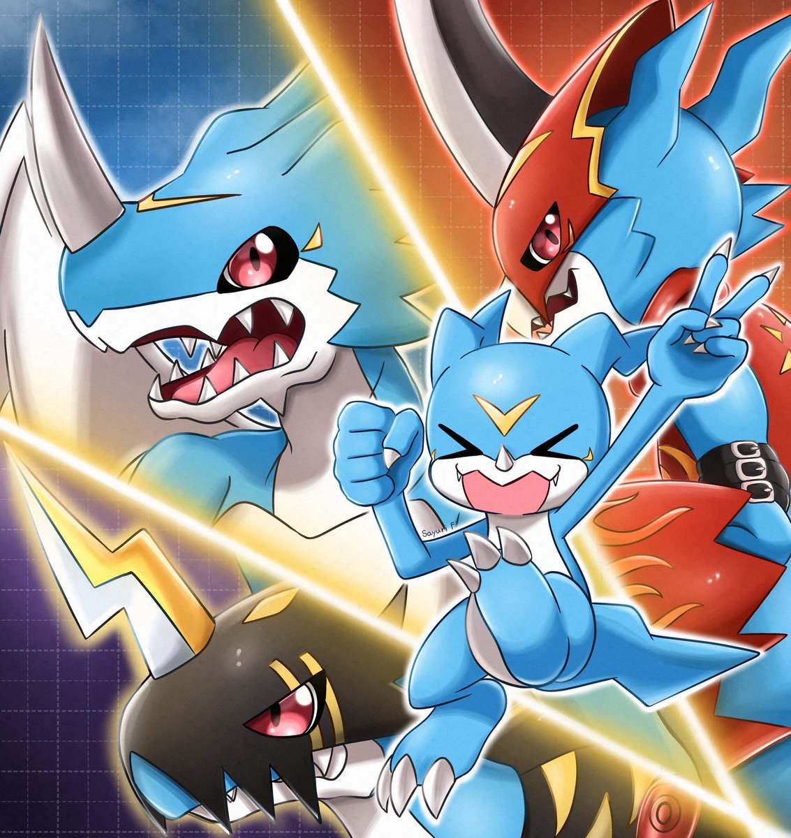 digimon (creature) blue border no humans red eyes blue background claws closed mouth  illustration images