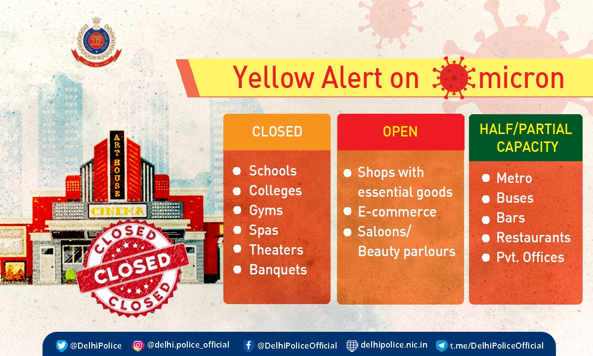 Delhi Police (@delhipolice) on Twitter photo In view of #Omicron threat, Delhi Disaster Management Authority has issued #YellowAlert.
#DelhiPolice urges you to follow #Covid Appropriate Behaviour.
#StaySafeStayHealthy #DelhiPoliceCares
<a href="/CPDelhi/">CP Delhi #DilKiPolice</a> In view of #Omicron threat, Delhi Disaster Management Authority has issued #YellowAlert.
#DelhiPolice urges you to follow #Covid Appropriate Behaviour.
#StaySafeStayHealthy #DelhiPoliceCares
<a href="/CPDelhi/">CP Delhi #DilKiPolice</a>