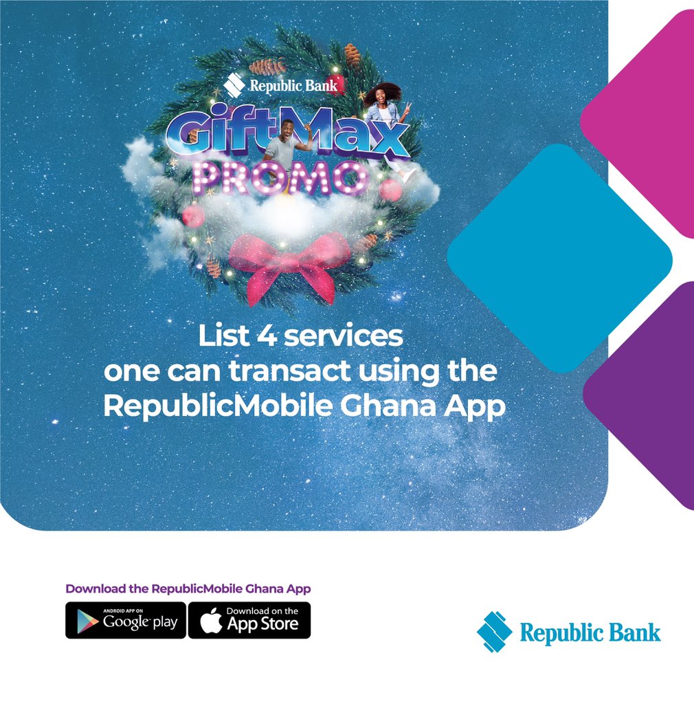 RepublicBankGh's tweet photo. One more question to go, we will be announcing our winners soon…
Answer the question correctly and win amazing gifts from us
Remember to follow all our social media pages for more.
The winner will be randomly selected and contacted.
#republicghana
#giftmax https://t.co/NAakg9z8q0