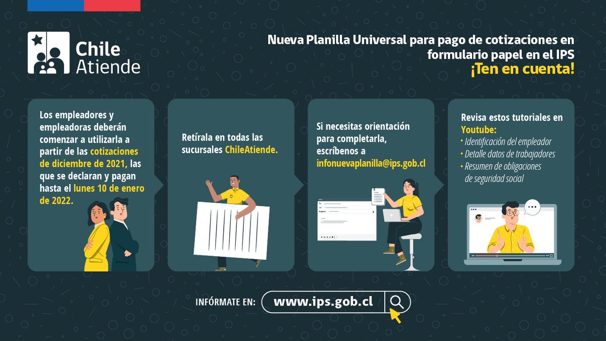 ¿Eres empleador o empleadora y pagas cotizaciones previsionales en formulario papel 📋? 🤔 

▶ Infórmate sobre la nueva #PlanillaUniversal que deberás comenzar a usar y que puedes solicitar en sucursales ChileAtiende. 

Conoce más aquí 👉 bit.ly/3yWovEd