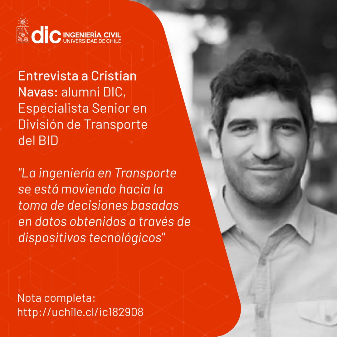 Entrevista a Cristian Navas: alumni DIC, Especialista Senior en División de Transporte del BID 🚌
“La Ingeniería en Transporte se está moviendo hacia la toma de decisiones basadas en datos obtenidos a través de dispositivos tecnológicos”📱

Nota: uchile.cl/ic182908
