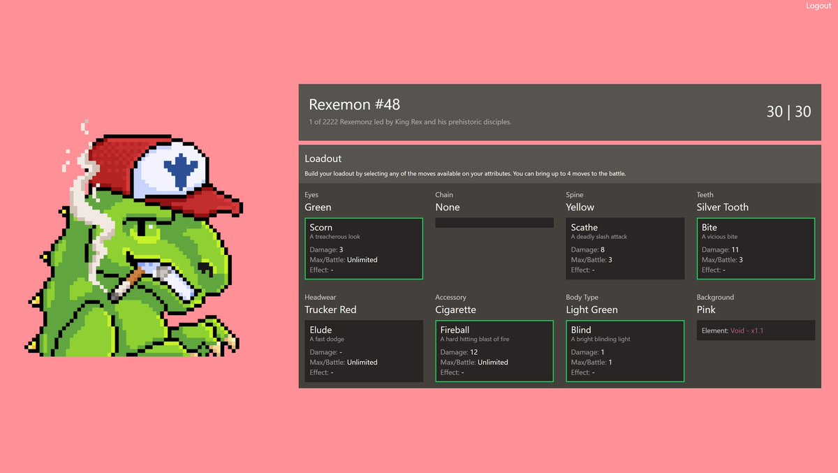 Build and customise your moves and loadout in our upcoming original PVP game, exclusive to Rexemonz holders...

One of many features being built and tested right now - it is all coming to life in the Rexeverse.