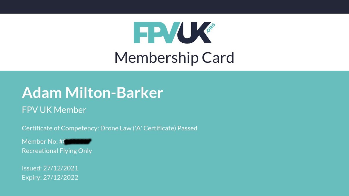Now a member of <a href="/FPVUK/">FPV UK</a> and passed the Certificate of Competency: Drone Law ('A' Certificate). This is for recreational (practicing etc) and not my commercial work, and allows me to fly under Article 16. Aim to take the practical test in the following months.