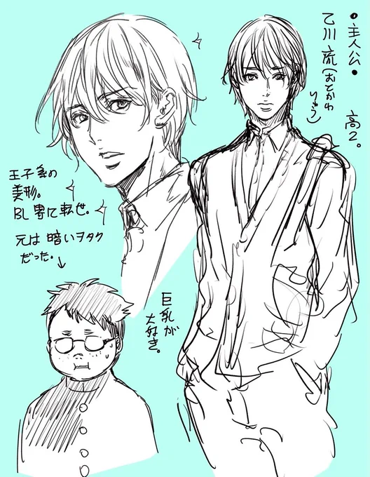 『巨乳好きなのにBL界に転生しました』
尚月地先生(@naotsukiji3)が最初のネーム提出時に作った主人公・乙川のキャラ表です。正統派王子系イケメンキャラを描いたのは初めてとのこと。#巨乳転生 