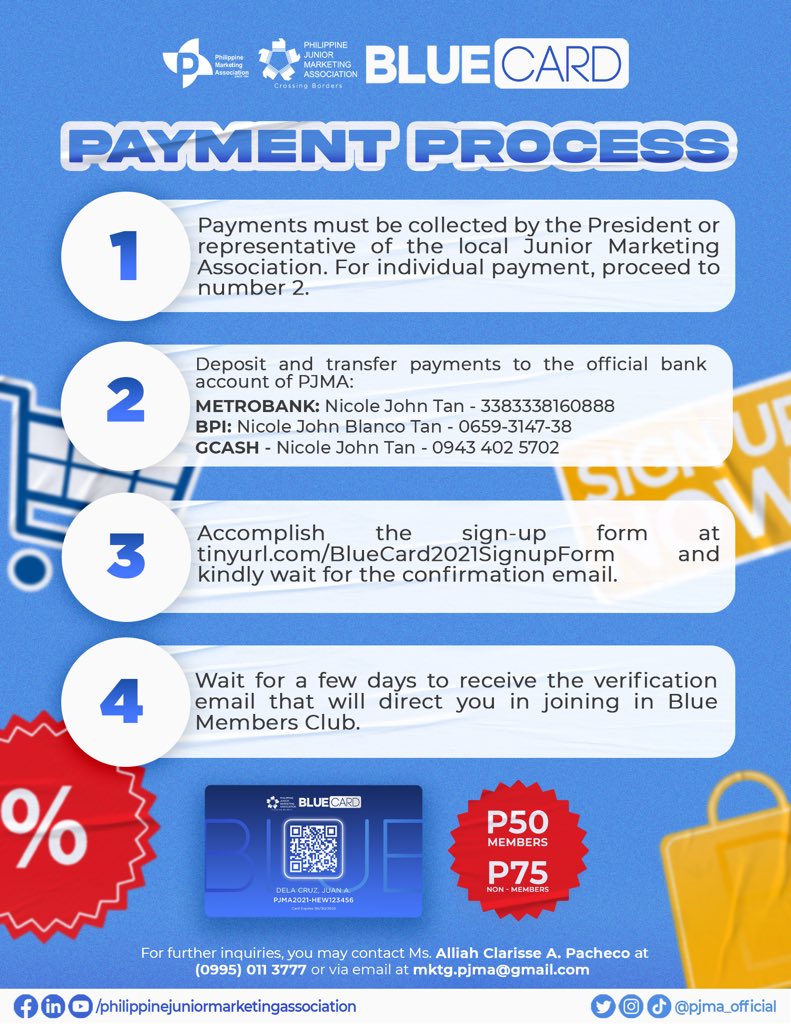pjma_official's tweet photo. Be guided by our payment process and gain spectacular perks from our generous sponsors. Go shopping with exclusive discounts and promos by availing our Membership Blue Card.

Sign up at https://t.co/6eP6NqPU4J until January 15, 2022 at 11:59 PM.

#BlueForU
#PJMABlueMembership https://t.co/dHWz3uaJRS
