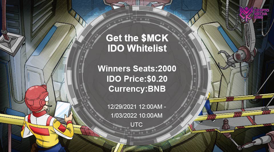 📣CryptoMechaKing #IDO #Whitelist  is coming soon!  🚀🚀

 ⏰Whitelist opening :
 2021/12/29 12:00AM~2022/1/03 10:00AM UTC

 ➡Whitelist :
 sweepwidget.com/view/45243-7wz…