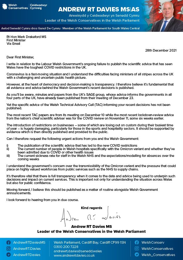 WelshConserv's tweet photo. It’s unacceptable that Labour ministers have failed to publish the scientific advice and evidence behind the latest restrictions in Wales.

For public confidence and understanding this must be rectified urgently.

Read @AndrewRTDavies’ letter to @PrifWeinidog 👇 https://t.co/MHAqiMpt4p