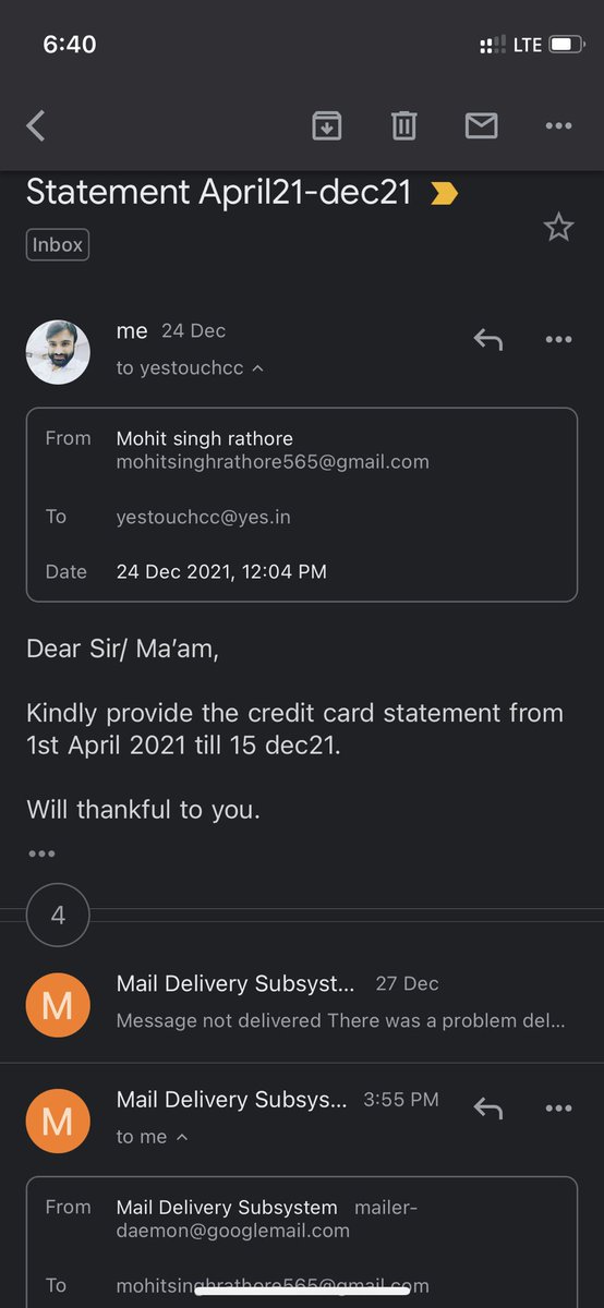 MohitSinghRat17's tweet photo. #yesbank @YESBANK #CreditCard #statement @RBI @FinMinIndia Following up 4 the statements; talking 2 toll free #18001200 axis bank agent suggested 2 mail on yestouchcc@yes.in 4 statmnt bt dus nt get delivrd. Unsatisfactory Services. Wish 2 Surrender CC card.@joyrij @Bhuvi_hunts https://t.co/nDhic6ef6s