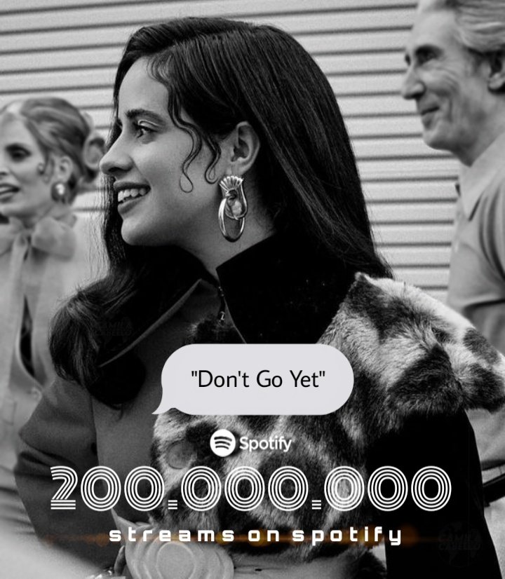 WWCamilaCabello's tweet photo. "Don't Go Yet" by @Camila_Cabello reached 200 MILLION streams on Spotify. https://t.co/Mcvsg4FJ0k