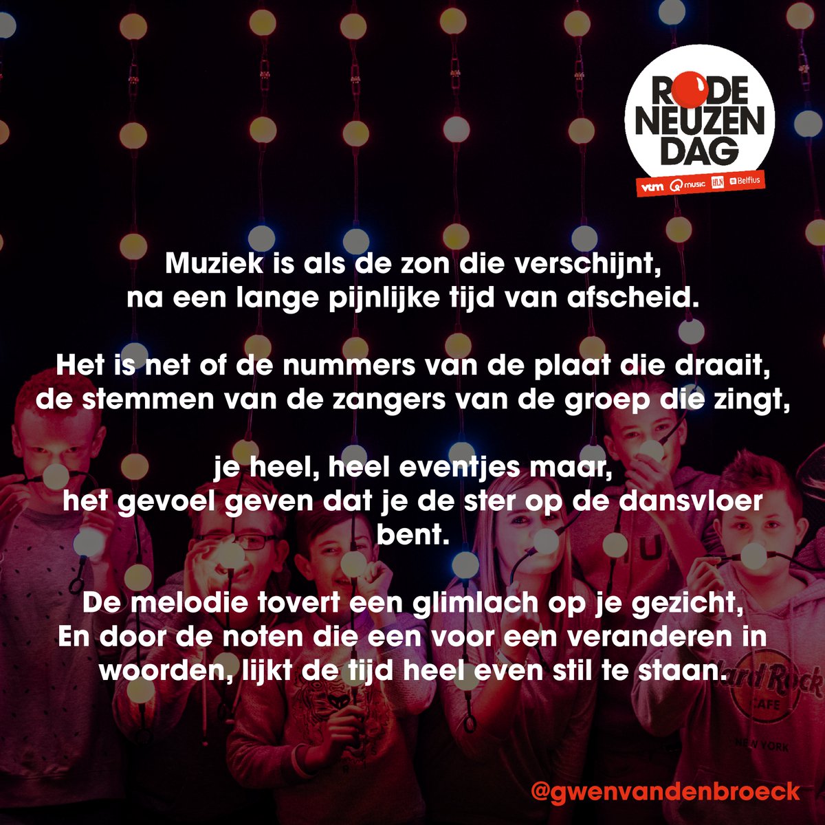 rodeneuzendag's tweet photo. Mooie woorden van @Gwen_VDB_, een van onze volgers, in een prachtig gedicht gegoten. Speciaal voor Rode Neuzen Dag. ❤️ Deel jij ook graag iets met ons? De inbox van inbeeld@rodeneuzendag.be staat steeds open voor al jullie gedichtjes, foto’s, videos en verhalen! #RodeNeuzenDag https://t.co/FZ0w3uHjTS