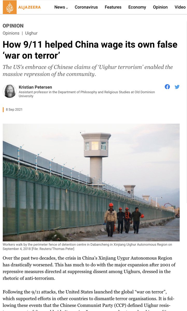 2020Gladiator's tweet photo. Even more, #CCP participated Global #Counterterrorism Cooperation after 911. And this became a perfect excuse of CCP to target #Uyghurs as so called  “East Turkistan Islamic Terrorists” and to start extensive construction of internment camps in #Xinjiang for #genocide. https://t.co/QqGtPQjPAq