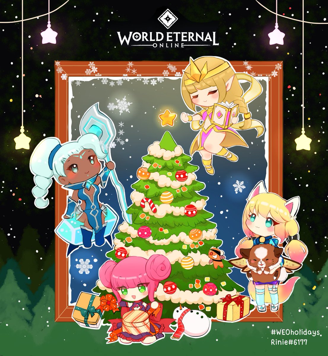 Rinrintsuki's tweet photo. A Holiday party with WOE heroes ^^
Lila the prodigy 💋
Murlina Gentlepaw 🐱
Panchilla 🦋
Zahra 🌟
Rumi ❄️
(and a secret cookie Bregget!🍪)

Merry X'mas everyone!

#WEOholidays 
@WorldEternalMMO https://t.co/53HMDpYuXC