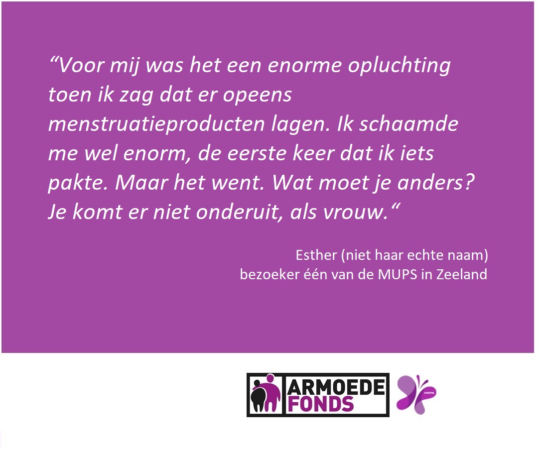 Armoedefonds's tweet photo. Esther haalt regelmatig gratis maandverband bij één van de MUP's van @Armoedefonds in Zeeland. Omdat ze zelf niet altijd geld heeft voor een pakje maandverband. Zij sprak hierover met @pzcredactie Ondine van der Vleuten. 

#stopmenstruatiearmoede #SamenSterk #mupnl https://t.co/rLK6Ut2SZp