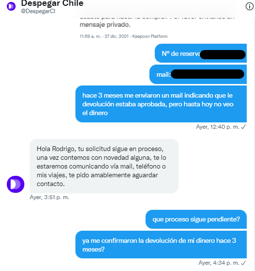 rodarol's tweet photo. @DespegarCl y para eso me piden que les escriba por interno?
háganse responsables... necesito mi dinero... es más de 1 millón de pesos que hace más de 8 meses son incapaces de devolverme.
@SERNAC cómo me uno a la demanda colectiva en contra de @DespegarCl ? https://t.co/QRTZzR5ViI