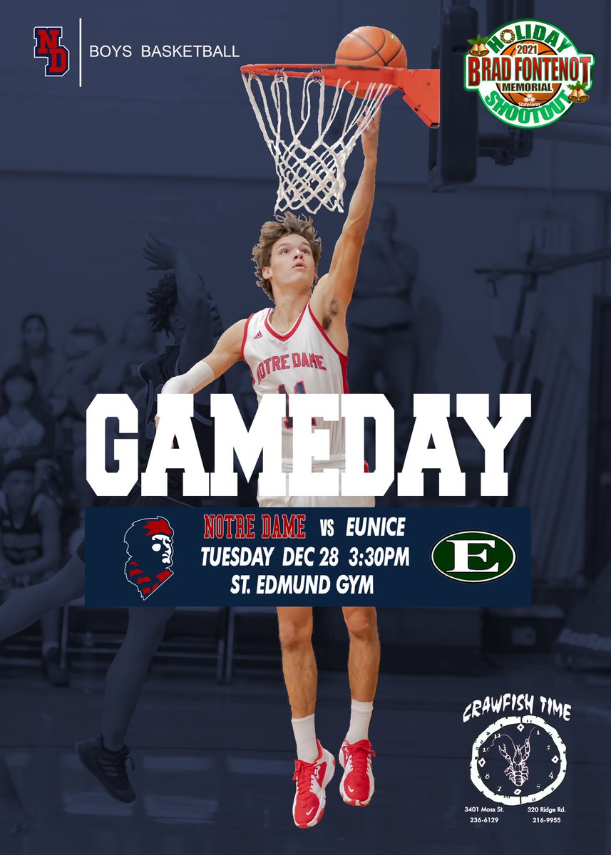 🚨🚨GAMEDAY🚨🚨
Brad Fontenot Memorial Holiday Shootout Semifinals 
🏀Notre Dame vs Eunice
📍Location: St Edmund Gym
⏰TIP-OFF: 3:30pm
<a href="/2a_class/">La. Class 2A Sports</a> <a href="/LSL_Sportsline/">Louisiana Sportsline</a> <a href="/GeauxPrepsLA/">GeauxPreps.com</a> <a href="/iKNOWron/">Ron Snyder</a> <a href="/SethLewisInc/">Seth Lewis</a> <a href="/georgefaust10/">George Faust</a> @surquhart98