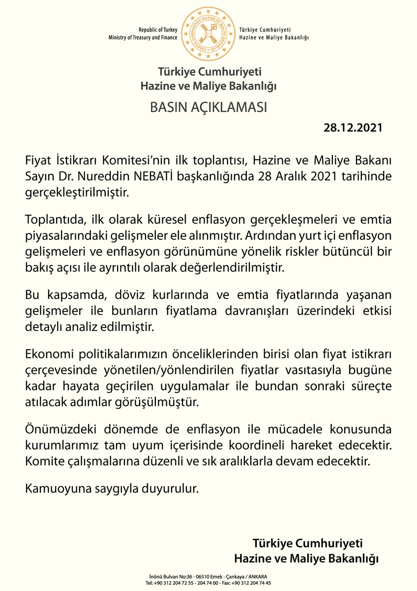 HMBakanligi's tweet photo. Fiyat İstikrarı Komitesi'nin ilk toplantısına ilişkin basın açıklaması 
(28.12.2021) https://t.co/EuGixtA5v3