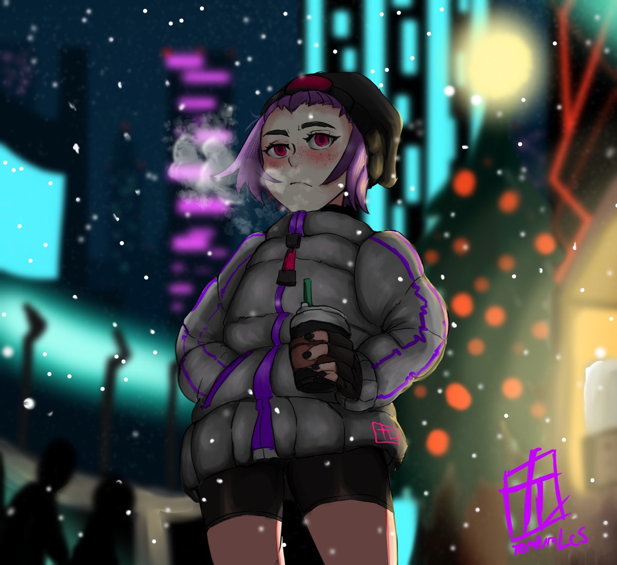 Hello, yeah its kind of late but i want to say properly Merry christmast for you people, here have a chocolate with hazelnut syrup and extra layer of puffy wintercoat.

Ellie is too cold to show her navel this time of year 

#originalcharacter #digitalart #Christmas #XMAS2021
