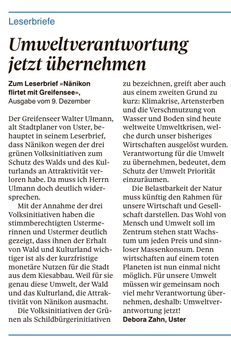 Für mehr Umweltverantwortung - auch in Uster! 🌎💚🌻@GruBezU @Umwelt_Ja (Heute im Anzeiger von Uster)
Und falls du die Initiative für Umweltverantwortung noch nicht unterschrieben hast: umweltverantwortung.ch