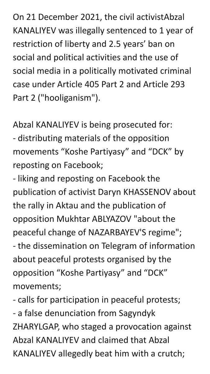 SayaKurmanGali's tweet photo. 2/5
↪️
political activity under a politically motivated criminal case under Article 405 Part 2 ("participation in an extremist organisation"). Aizhan #ISMAKOVA is being prosecuted for participating in peaceful rallies and criticising the authorities.

#MagnitskyAct
#EUinKZ

👇🏽 https://t.co/1QKKBl2biG
