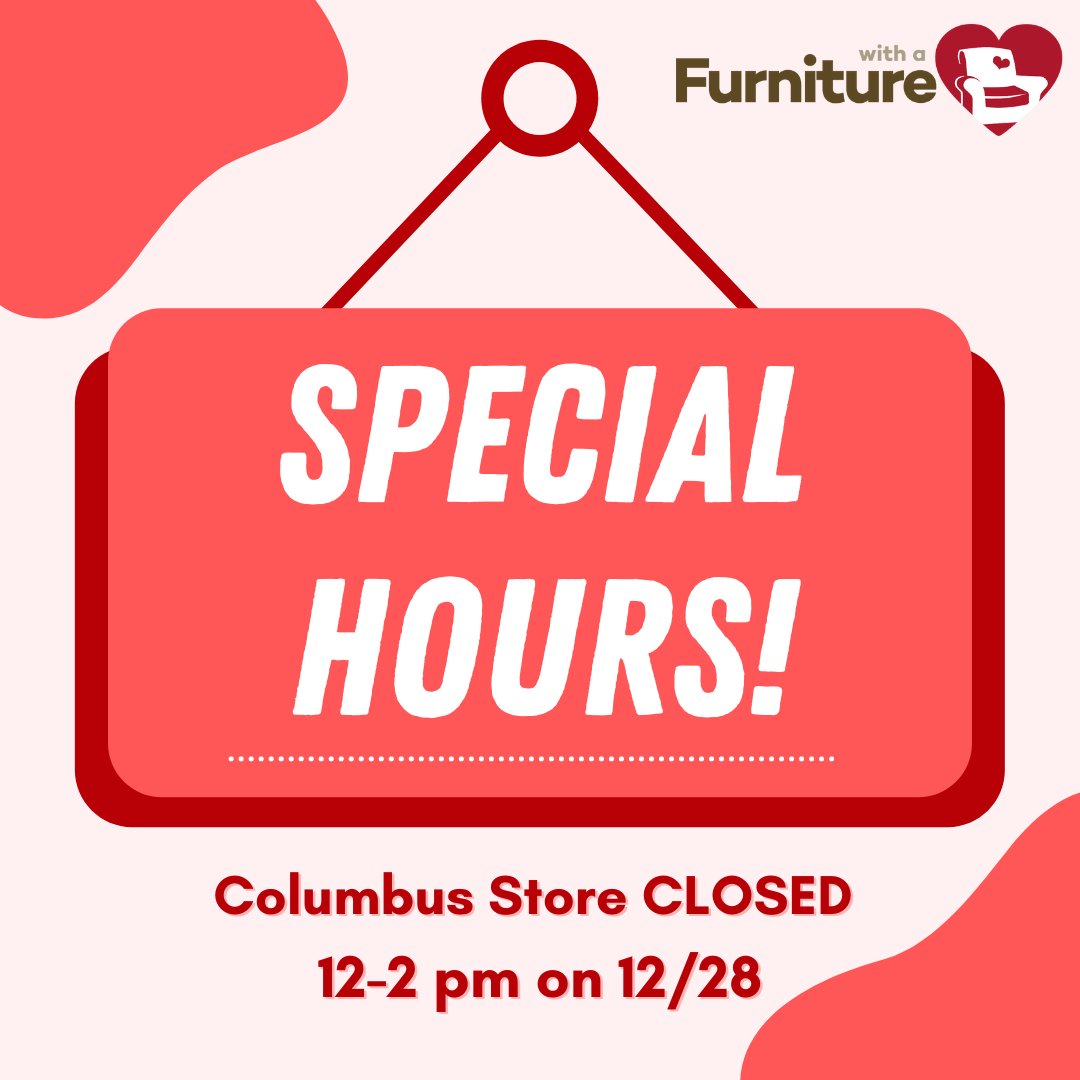 FurnitureWHeart's tweet photo. FYI 📣 Our Columbus store will close today 12/28 12-2 pm for an employee appreciation lunch.

Stop by 10 am - 12 pm or 2 - 6 pm to discover thrift finds and see our WONDERFUL store associates! ❤️

*Our Lancaster store is open with regular hours today. https://t.co/mNCKVq9VAq