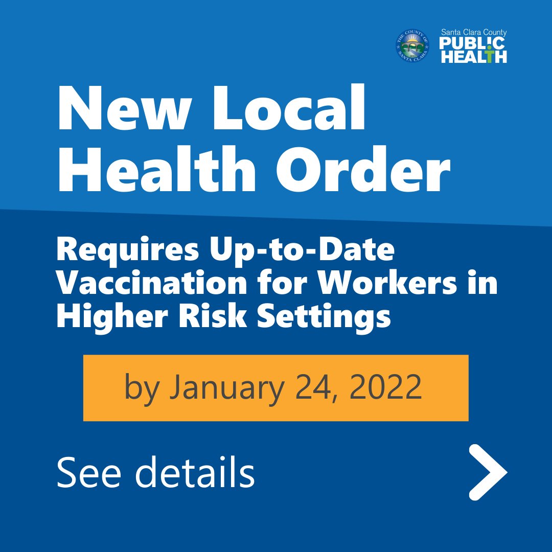 SCCgov's tweet photo. (1/2)

In light of the rapid surge in cases due to the Omicron variant, the County of Santa Clara Health Officer is issuing a health order requiring up-to-date COVID-19 vaccination for workers in certain higher-risk settings. 

Find more details at: https://t.co/eNG06hCqaE https://t.co/qnh4VQMB9v
