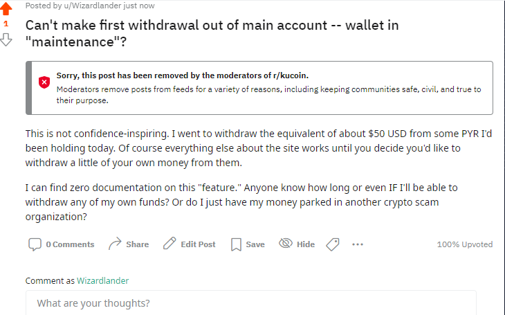 MyCatShots's tweet photo. @kucoincom Kucoin is basically a corrupt scam organization. This is what happens when you post a question about them tying your funds up on Reddit: https://t.co/ZfMLWqAEBu