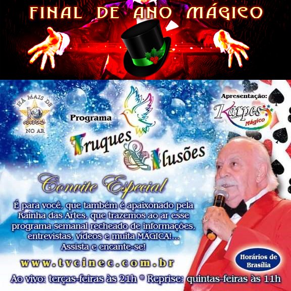 TruqueseIlusoes's tweet photo. Em https://t.co/NXEd40isdU está disponível até 07/01/2022 para acesso o link do Programa Truques &amp; Ilusões - Especial Fim de Ano 2018.
Destaque: A Mágica e Suas Curiosidades, Baú de Relíquias, Garimpando na Net, Vídeo do Teleinternauta e Mensagens de Natal e Ano Novo da equipe. https://t.co/VeNMn0qG3g