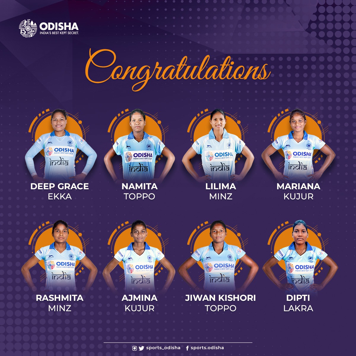 SwapnaPlus_TV's tweet photo. 8️⃣ players from #Odisha have been selected in the 60-member Senior Indian Women's Hockey Camp. They are: ⬇️
Deep Grace Ekka 
Namita Toppo
Lilima Minz
Rashmita Minz 
Mariana Kujur 
Ajmina Kujur 
Jiwan Kishori Toppo 
Dipti Lakra
@sports_odisha @btushar02 @rvineel_krishna https://t.co/XqmzyVBTz6