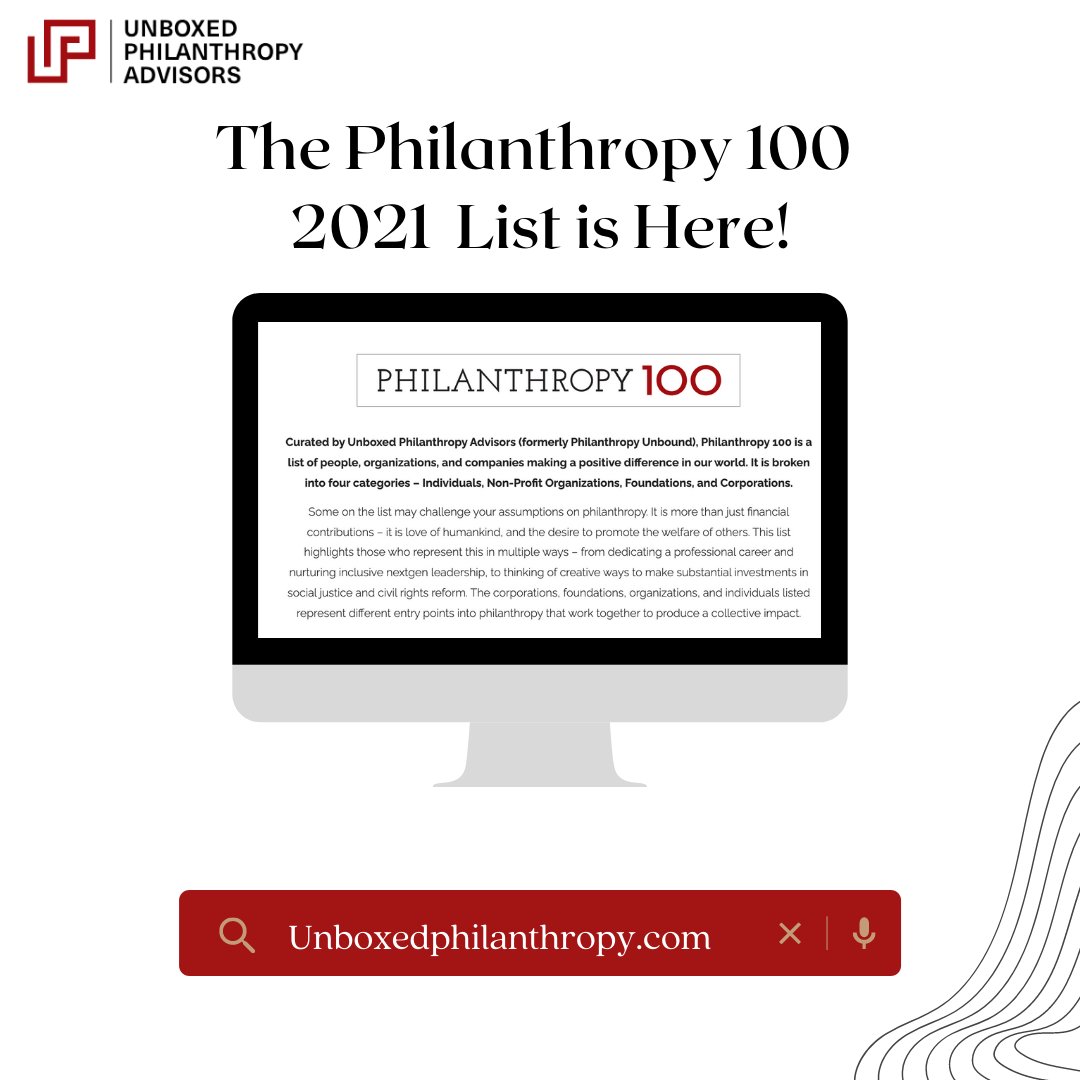 Hot off the presses - Unboxed Philanthropy's (formerly Philanthropy Unbound) 2021 Philanthropy 100 List. These corporations, non-profits, foundations &amp; individuals are supporting their communities through direct &amp; indirect service. Check it out! bit.ly/3Jp5FdJ