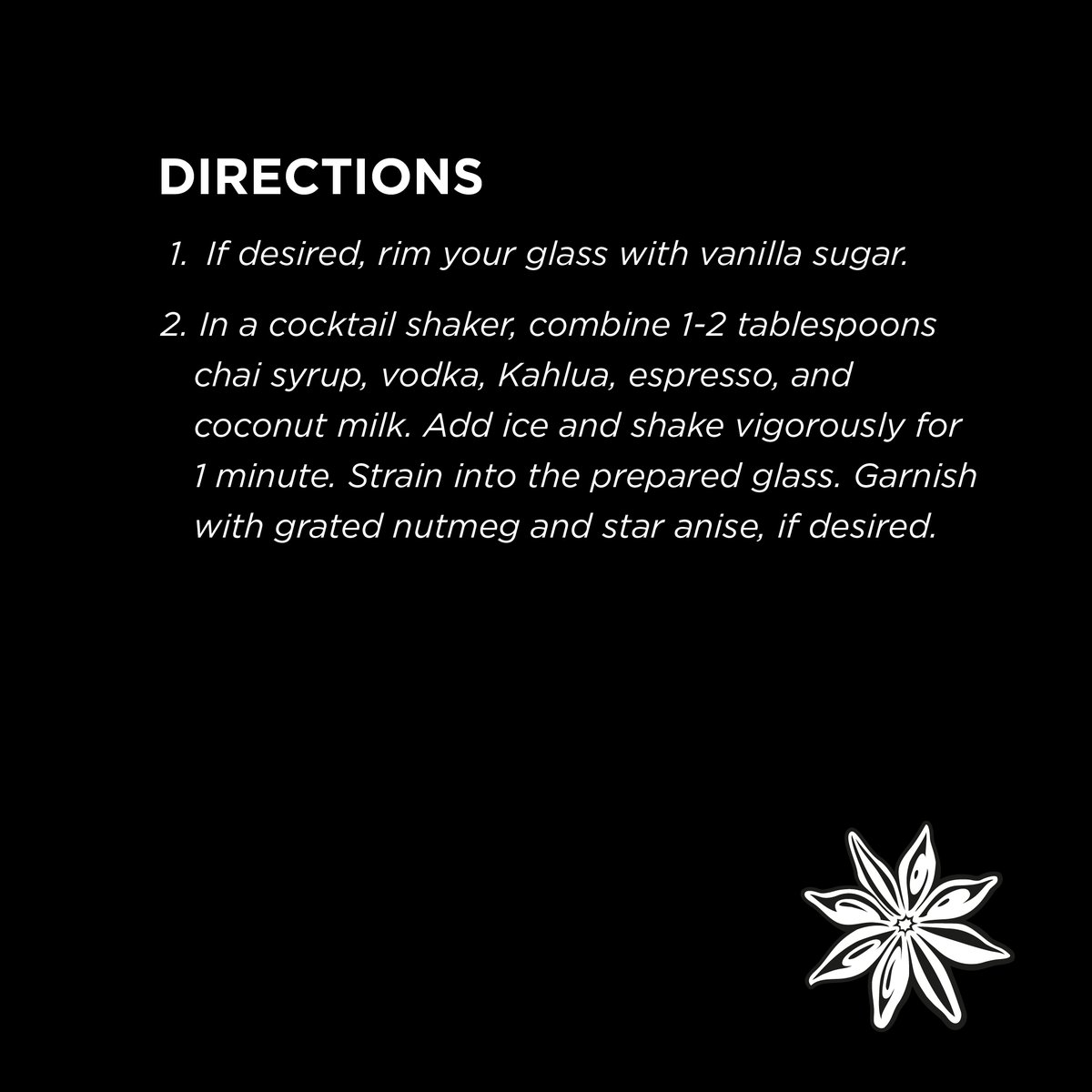 Holiday season means it’s time for some cozy homemade drinks! From the comfort of our home, our team is creating this unique and festive Espresso Martini with a hint of chai.
. 
Cheers to Half Baked Harvest for this sweet drink idea!