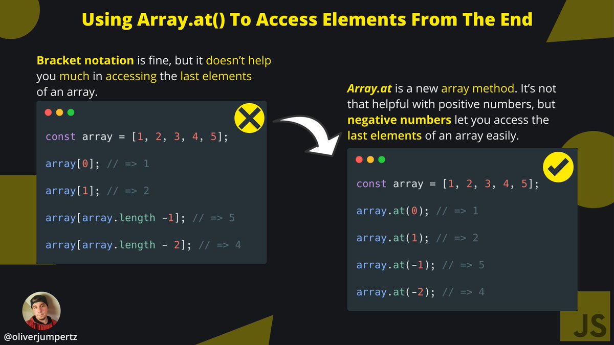 💛 JavaScript explained 💛

Ever wanted to access elements from the end of an array and had to work with clumsy subtractions from the array's length?

at() is here to finally fix that for you.

Negative indices passed to this method return the elements beginning at the end. ↓