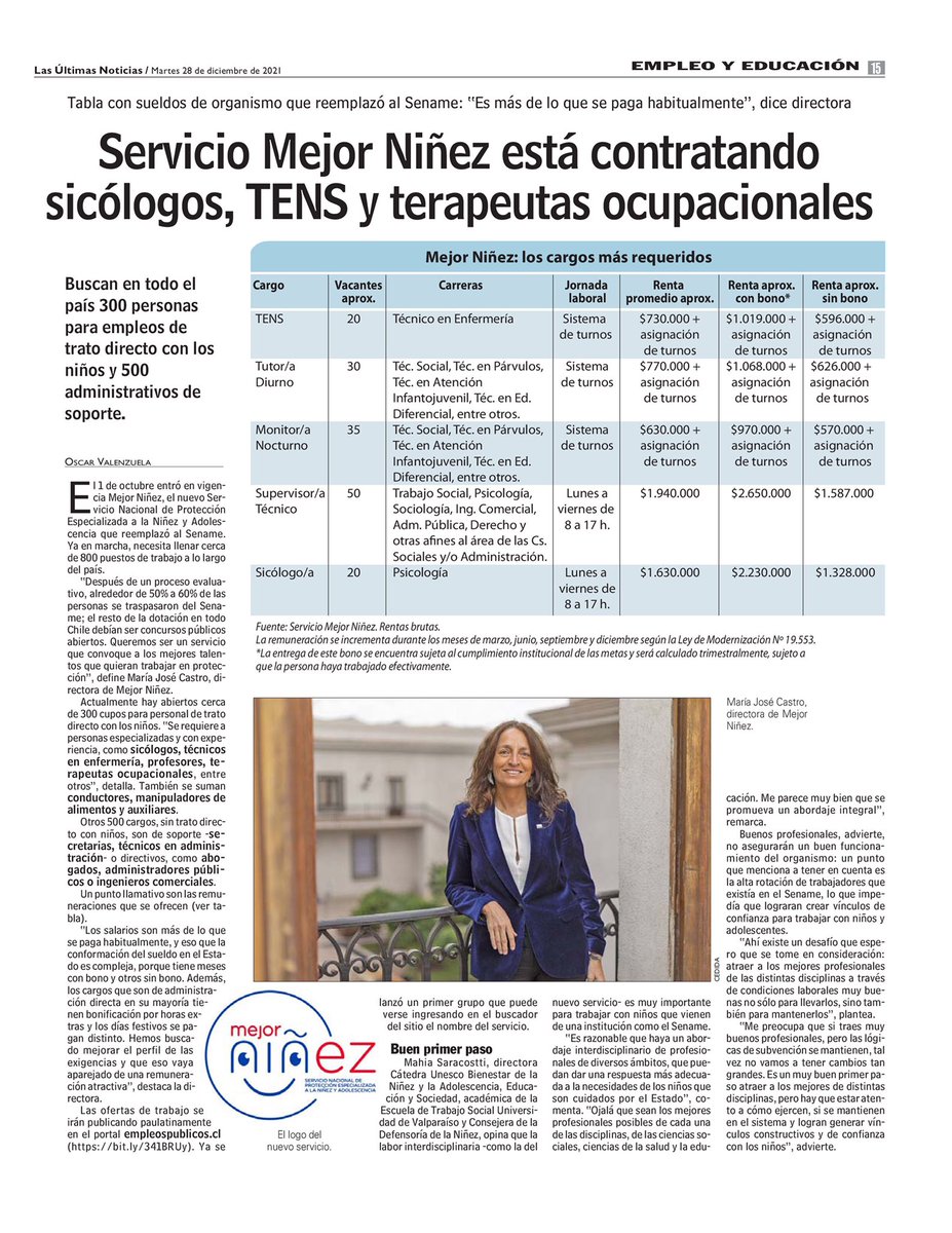 Los invito a leer esta nota de @LUN 🗞️ donde señalé la importancia de sumar a @MejorNinez profesionales  comprometidos con la protección de la niñez y adolescencia 🙌🏻 Postula en empleospublicos.cl
¡Juntos construyamos el futuro que todo niño, niña y adolescente merece! 👦🏻👧🏼