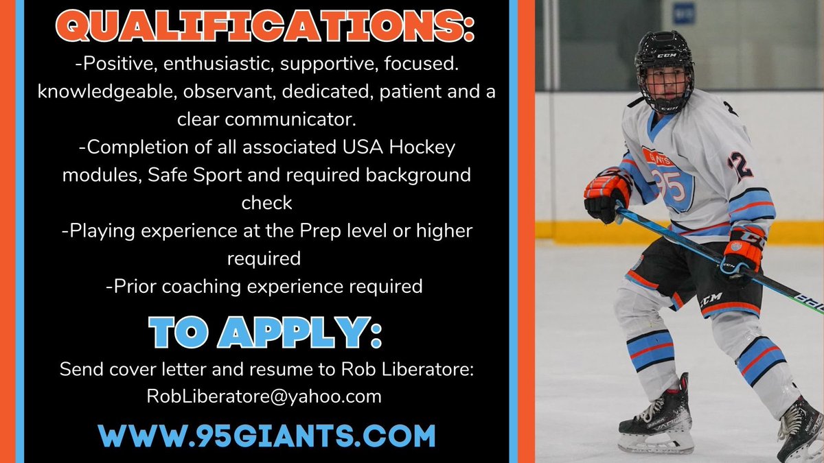 95HockeyGiants's tweet photo. The 95 Giants are actively hiring coaches for the 2022/2023 season!! 

If interested and meet the qualifications please contact Rob Liberatore with the requirements listed below💪🏼 https://t.co/LWFUYmjvrL