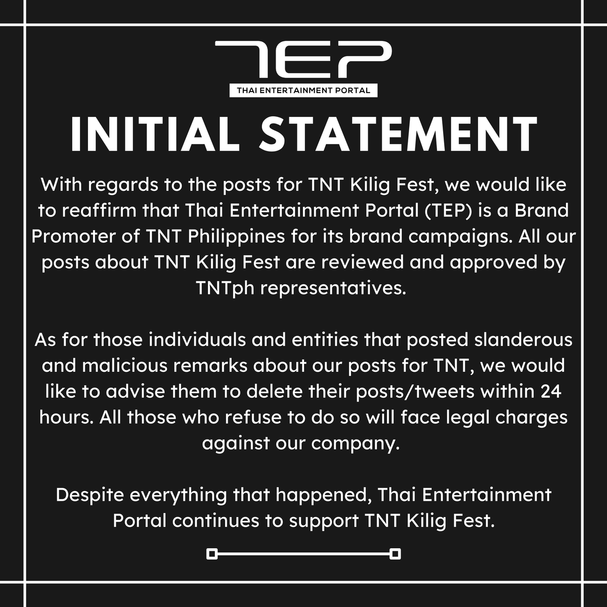 _TEPofficial's tweet photo. [𝐈𝐍𝐈𝐓𝐈𝐀𝐋 𝐒𝐓𝐀𝐓𝐄𝐌𝐄𝐍𝐓]⁣

Here's the initial statement with regards to the post for TNT Kilig Fest.

#TEP2021 https://t.co/MTYL8K6NxG